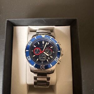Men's Stainless Steel Chronograph Watch with Blue Bezel and Black Dial